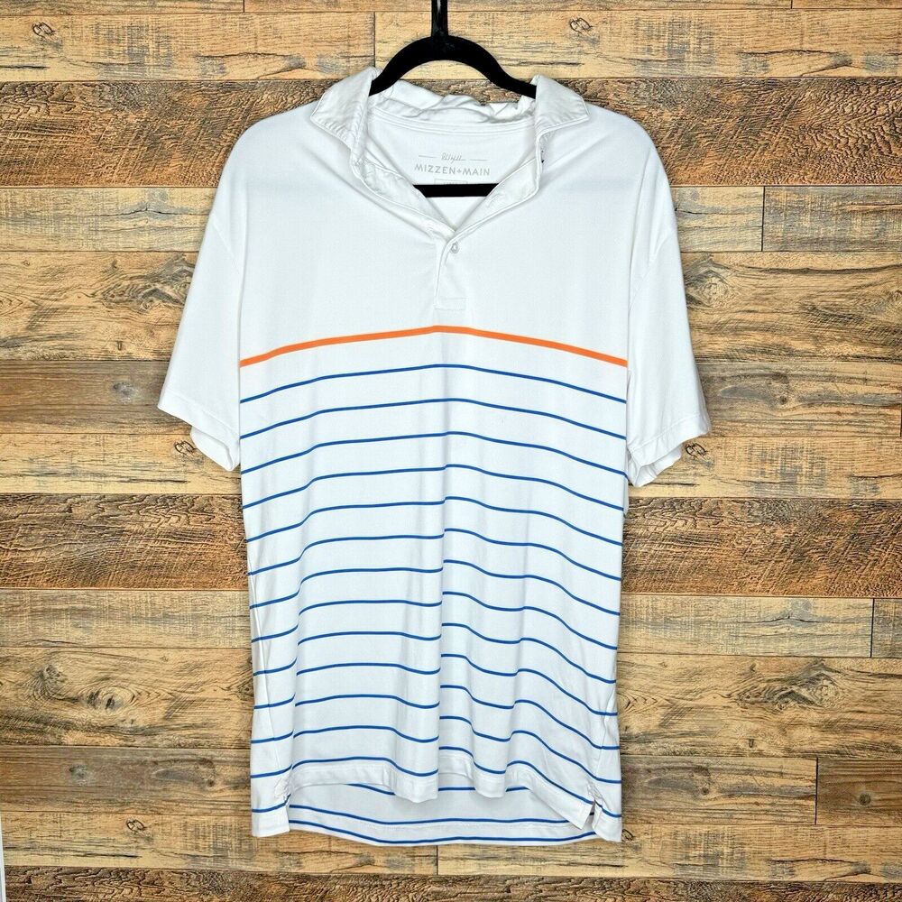 Mizzen + Main Large White Stripes Poly/Spandex Golf Shirt Easy Comfortable Nice